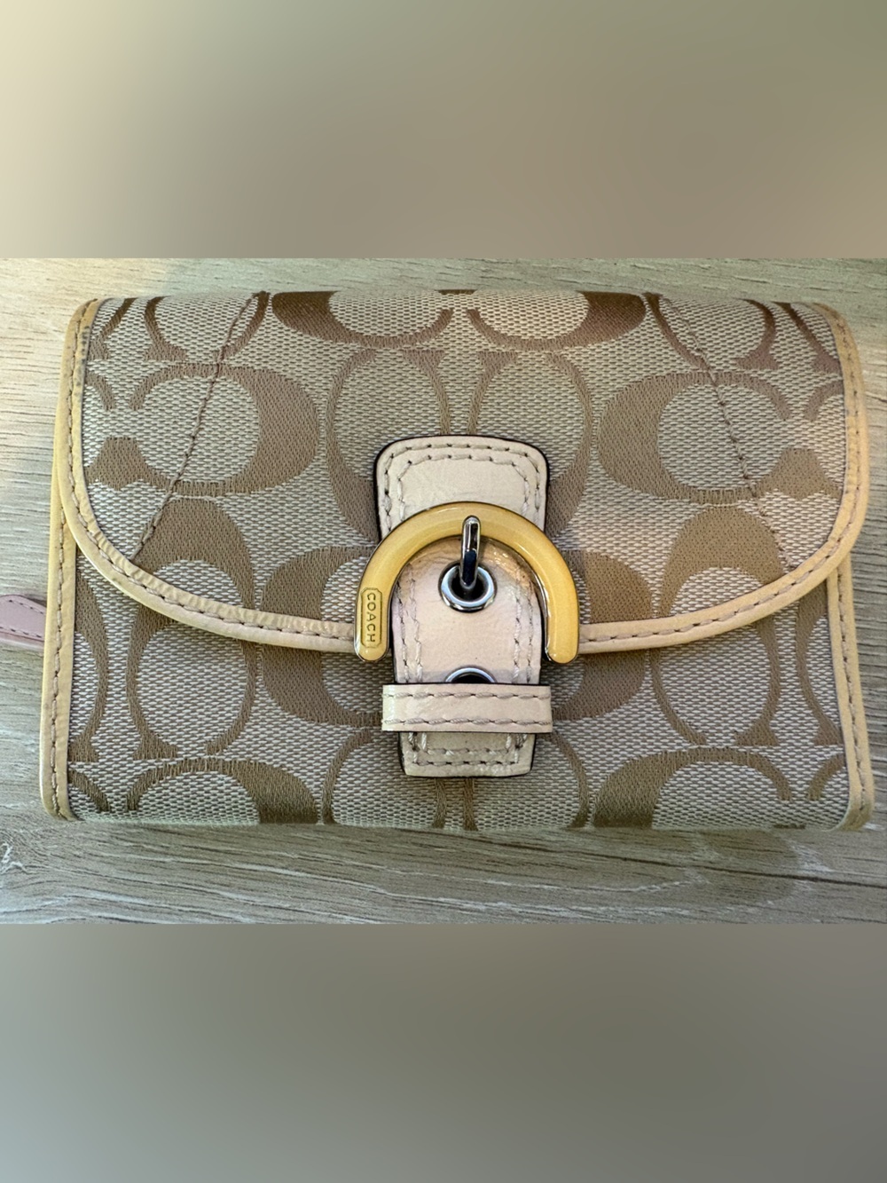 Coach Tan Signature Canvas Wallet with Cream Leather Trim and Gold Buckle
